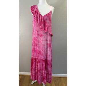THML Pink Tie Dye One Shoulder Ruffle Maxi Dress Tiered Boho Chic Festival Large